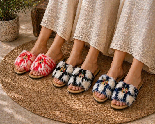 Fur Embroidered Flats for Women Black White