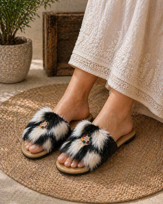 Fur Embroidered Flats for Women Black White