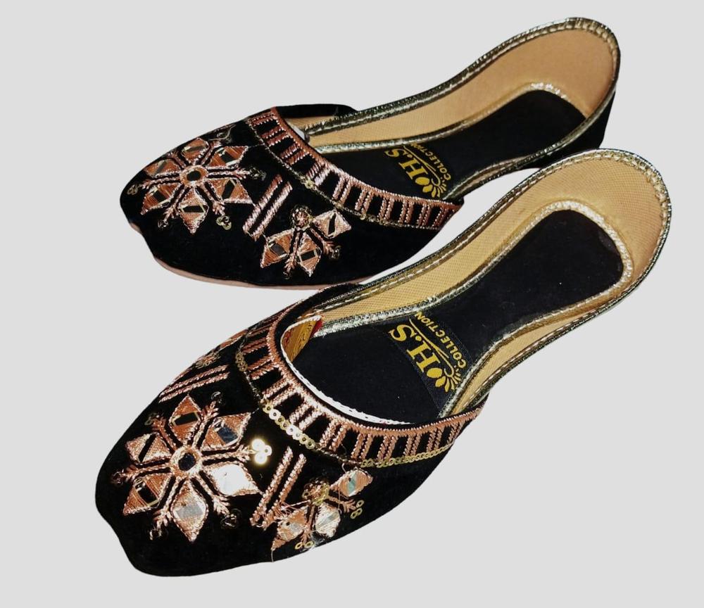 Women's Embroidered PU Khussa Black Gold