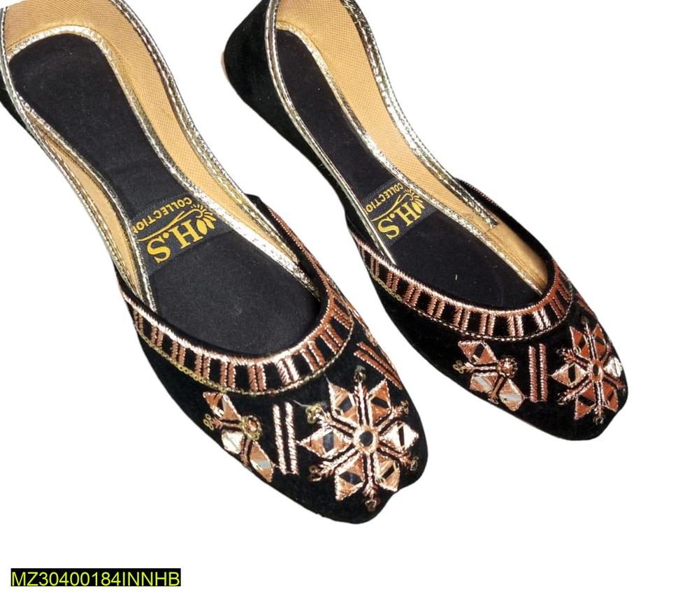 Women's Embroidered PU Khussa Black Gold