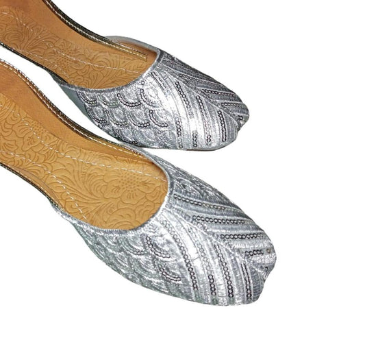 Women's Silver Embroidered Khussa PU Flat Shoes