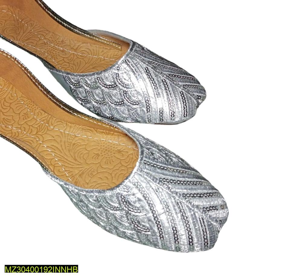 Women's Silver Embroidered Khussa PU Flat Shoes