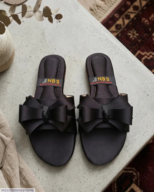 Black Bow Flat Sandals for Women Synthetic Leather