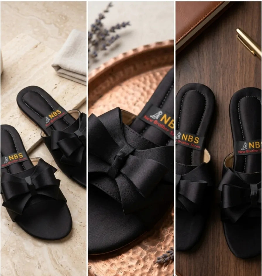 Black Bow Flat Sandals for Women Synthetic Leather
