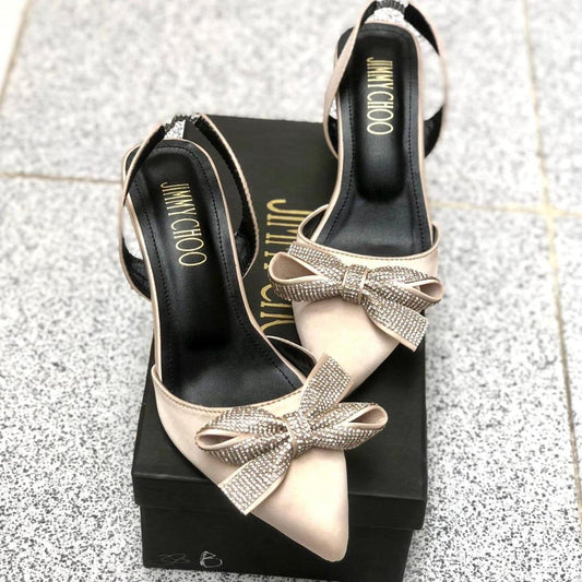 Off-White Bow Heels for Women Synthetic Leather Formal Party Wear