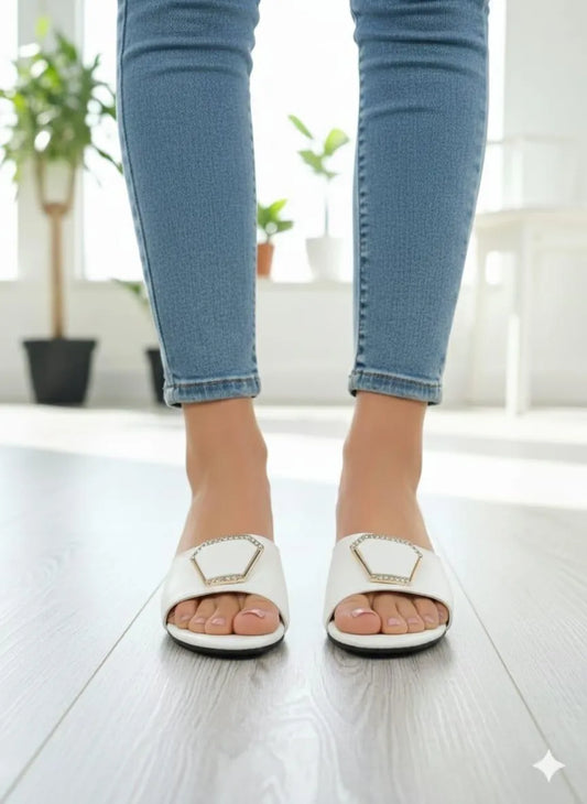 White Block Heels with Hexagonal Embellishment for Women
