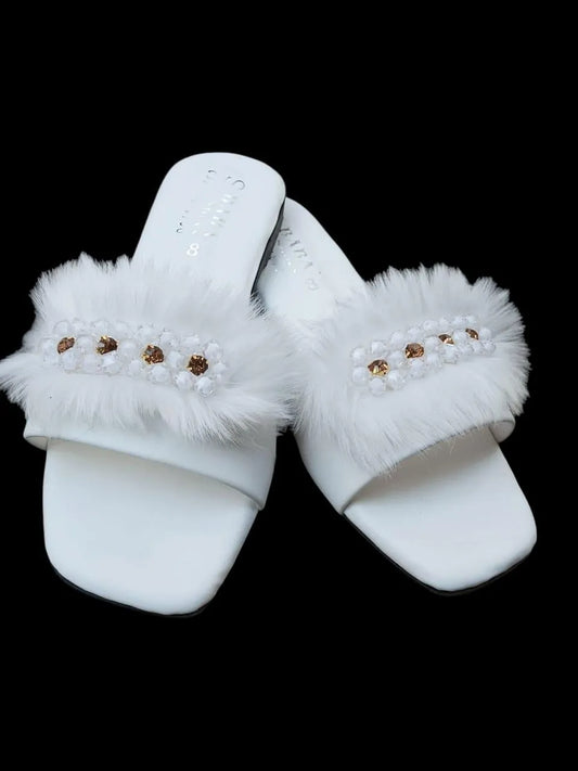 White Fluffy Slippers with Crystal Embellishments for Women
