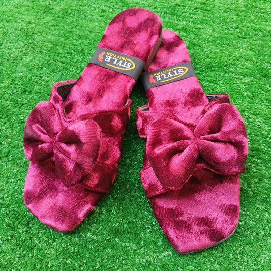 Women Velvet Bow Slippers Pink