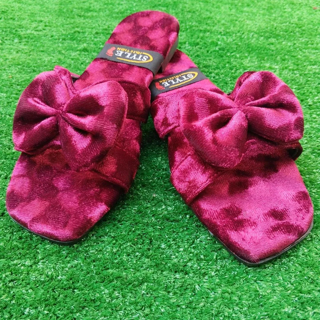 Women Velvet Bow Slippers Pink