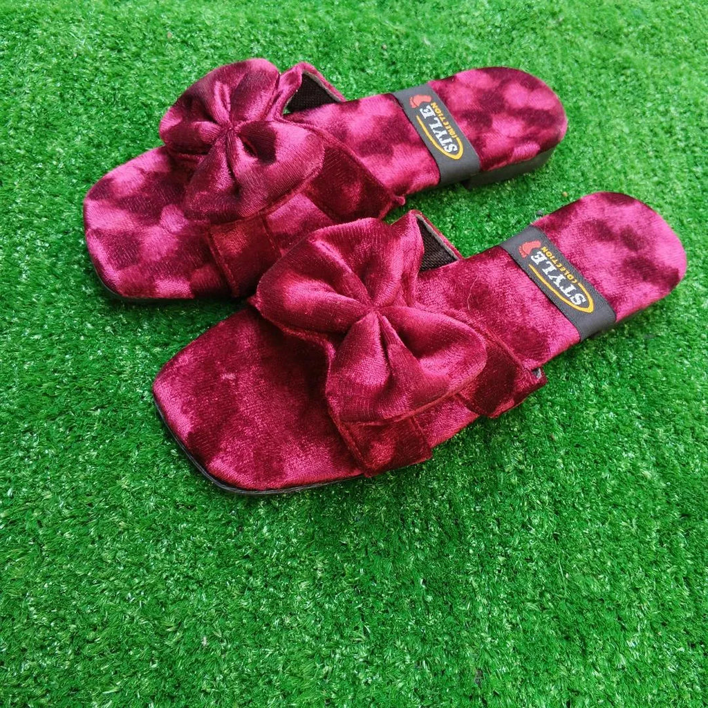 Women Velvet Bow Slippers Pink